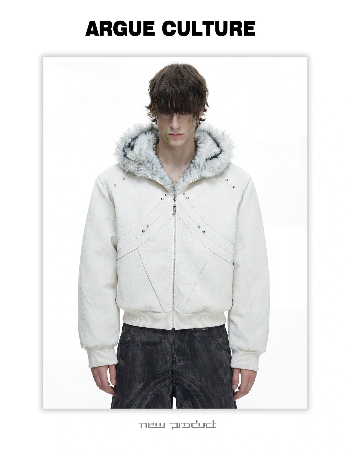 Textured PU Faux-Leather Hooded Jacket with Faux Fur - detail image 4