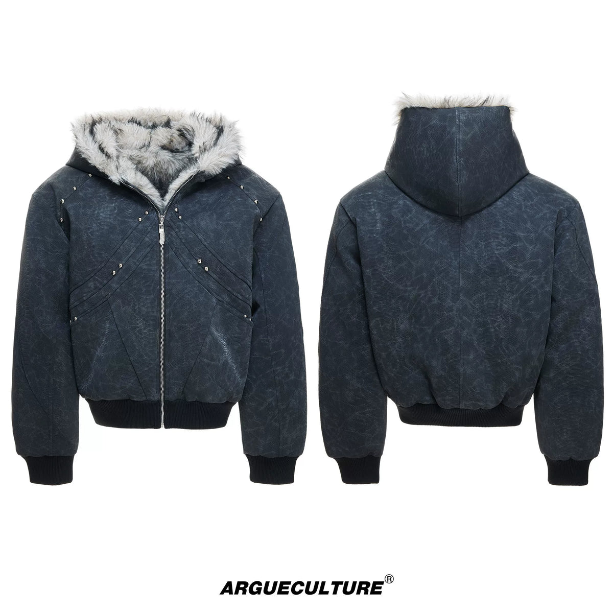 Textured PU Faux-Leather Hooded Jacket with Faux Fur - Black