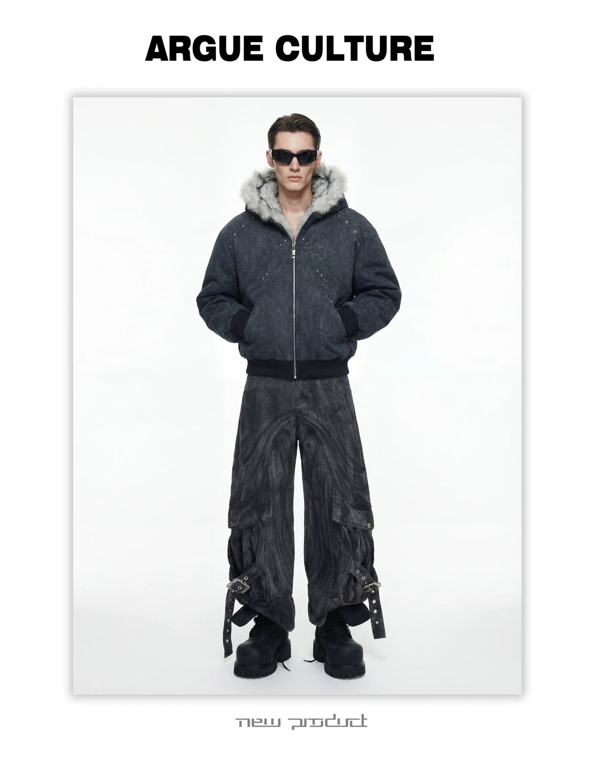 Textured PU Faux-Leather Hooded Jacket with Faux Fur - detail image 7