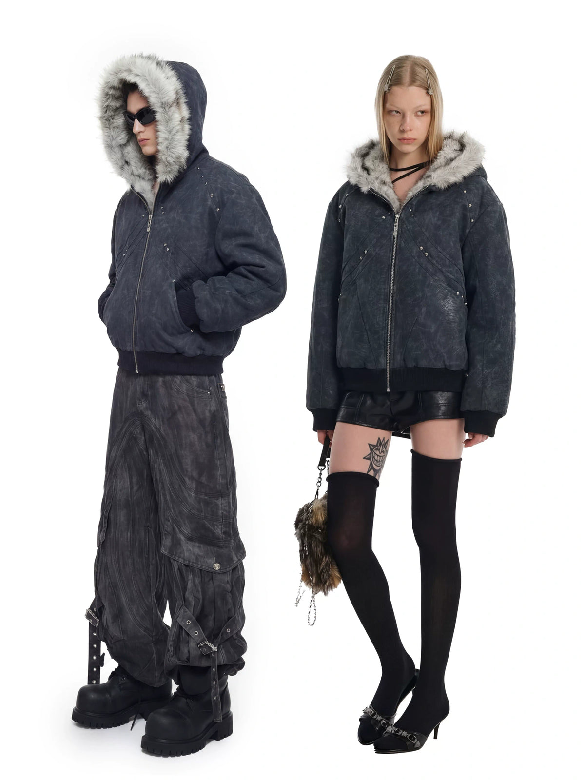 Textured PU Faux-Leather Hooded Jacket with Faux Fur - main image 3