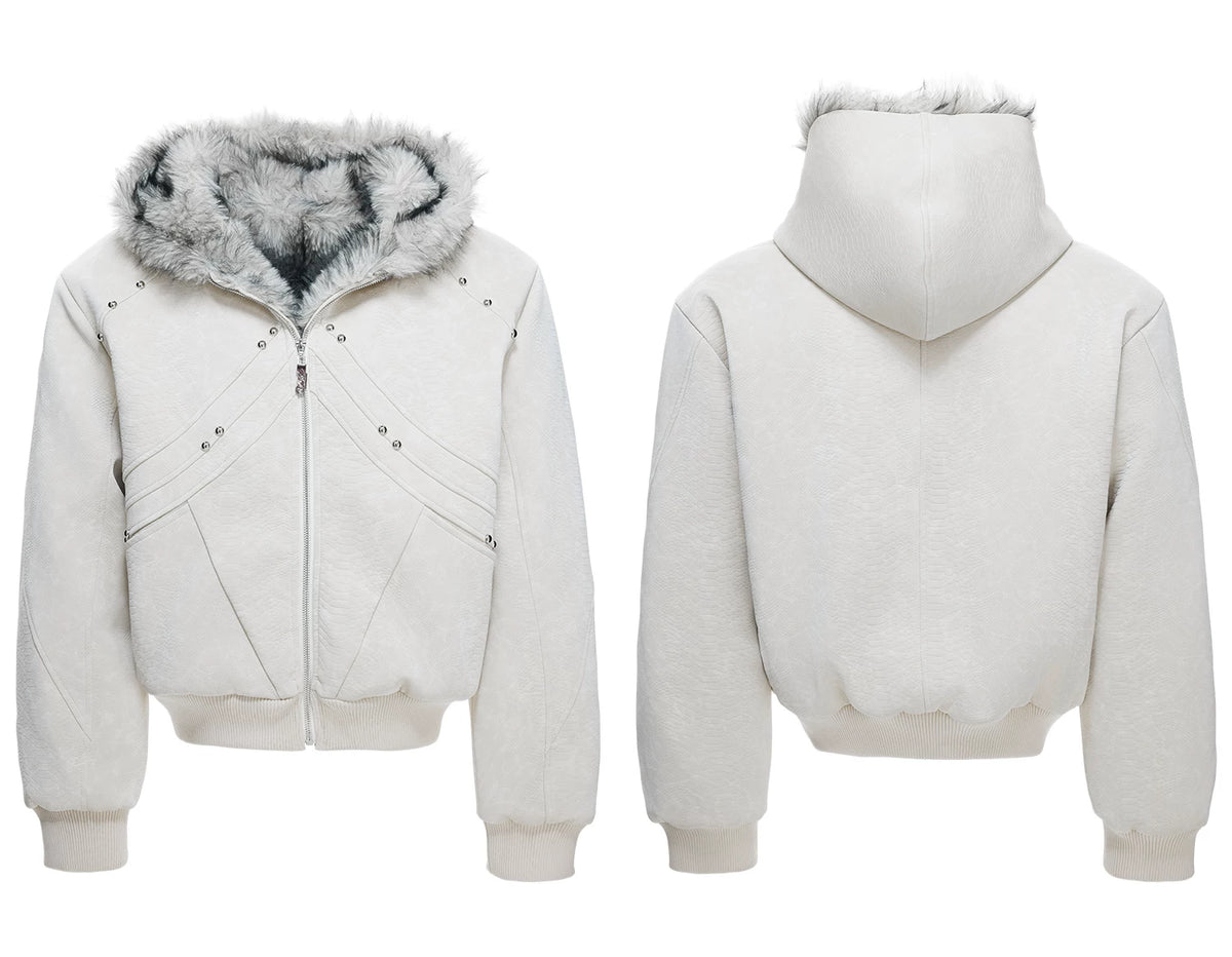 Textured PU Faux-Leather Hooded Jacket with Faux Fur - detail image 10