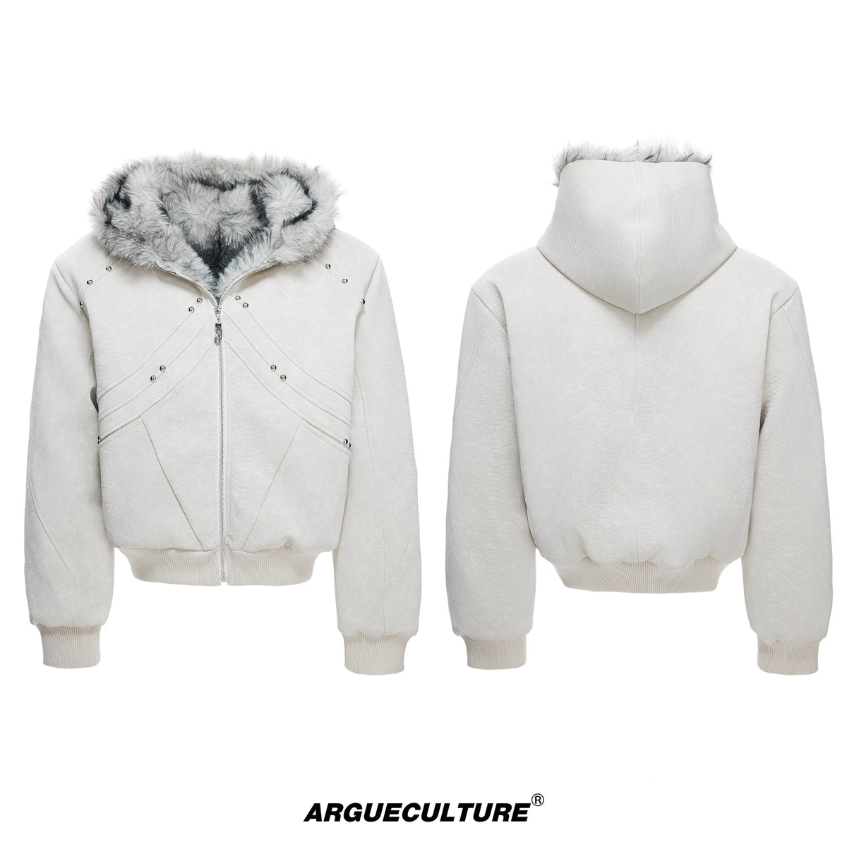 Textured PU Faux-Leather Hooded Jacket with Faux Fur - White