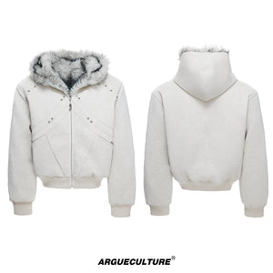 Textured PU Faux-Leather Hooded Jacket with Faux Fur - White