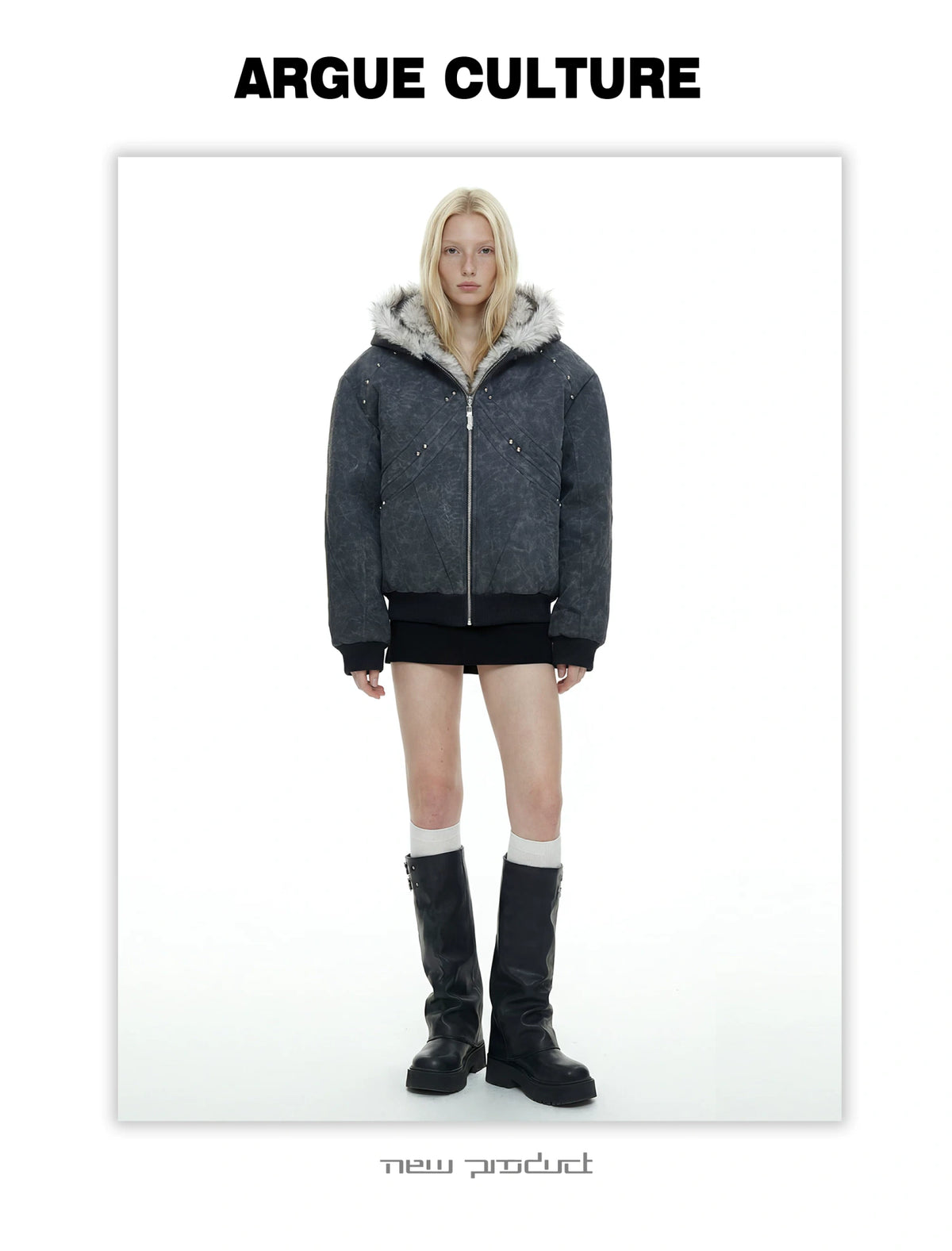 Textured PU Faux-Leather Hooded Jacket with Faux Fur - detail image 8
