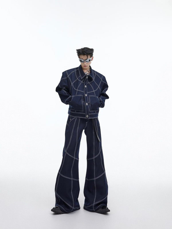 Topstitch Vintage Wash Denim Suit | Metallic Logo Button Jacket Set - ArguE CulturE