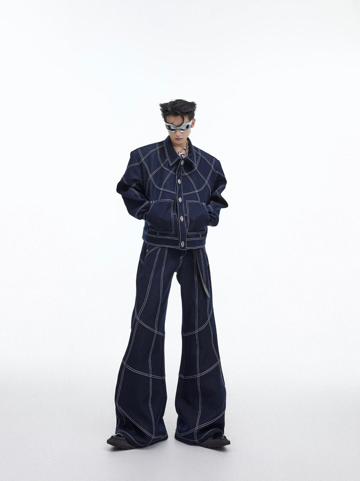 Topstitch Vintage Wash Denim Suit | Metallic Logo Button Jacket Set - ArguE CulturE