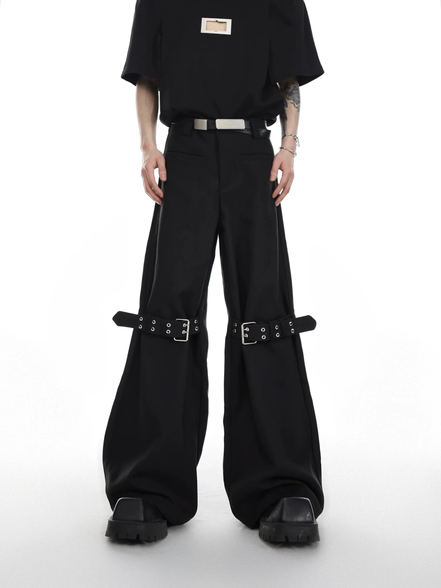 Trendy High - Waisted Flared Trousers with Belt Patchwork in Punk Style - ArguE CulturE