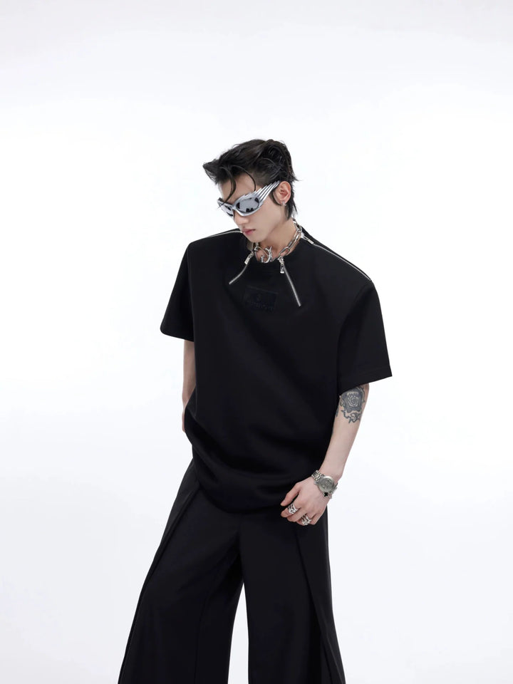 Trendy Metal Zipper Short Sleeve Men's Minimalist Loose T - Shirt - ArguE CulturE