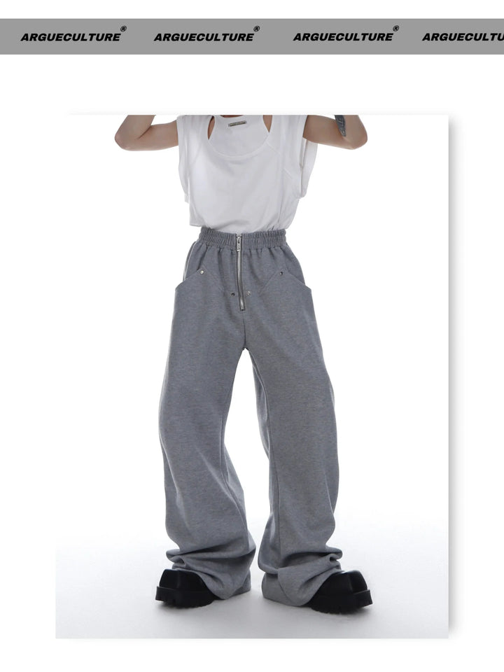 Trendy Metal Zipper Wide - Leg Sweatpants with Versatile Minimalism - ArguE CulturE