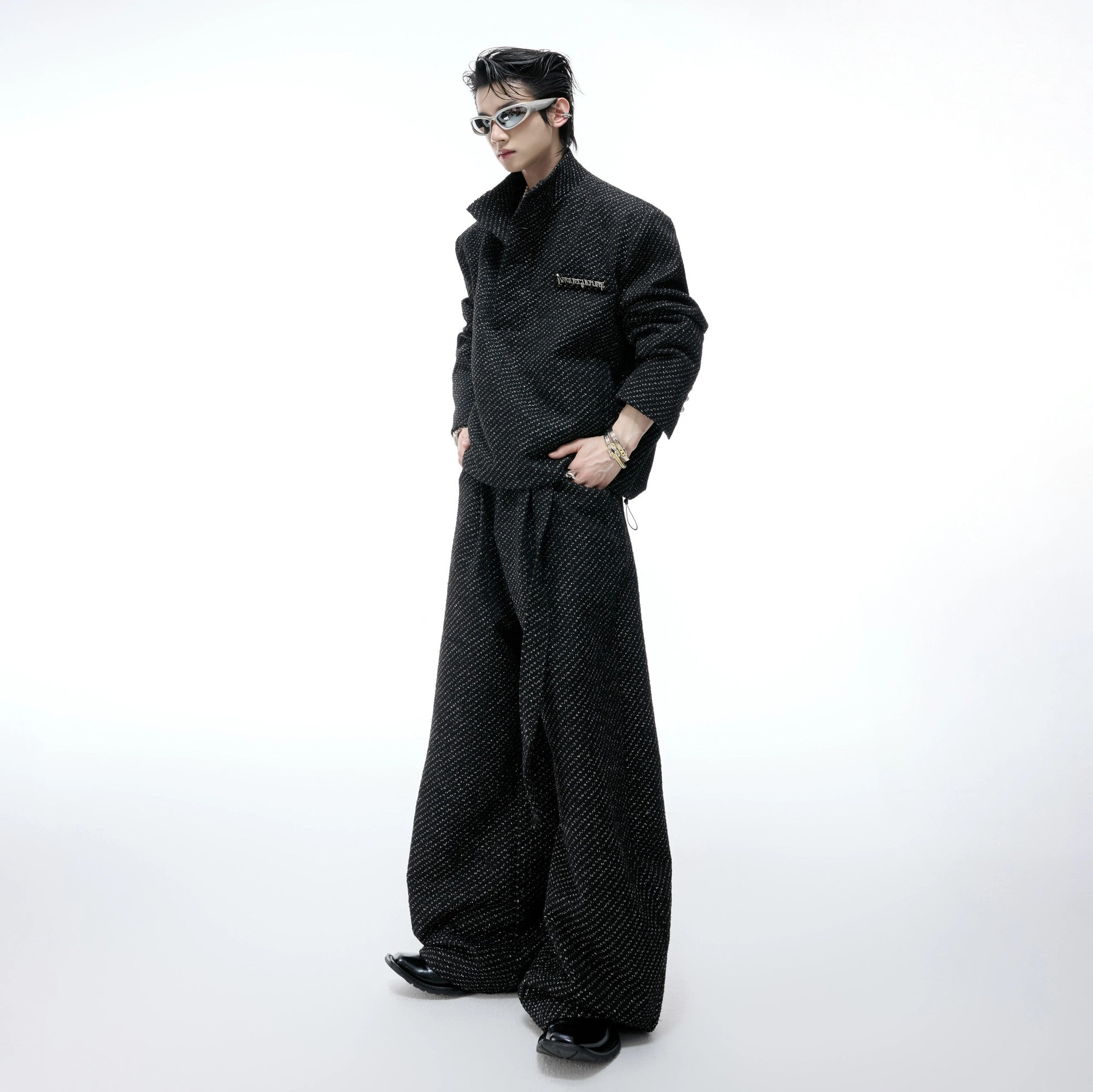 Unisex white tweed textured jacket and wide-leg pants set front view