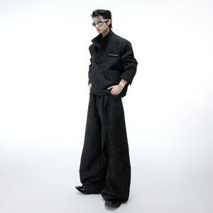 Unisex white tweed textured jacket and wide-leg pants set front view