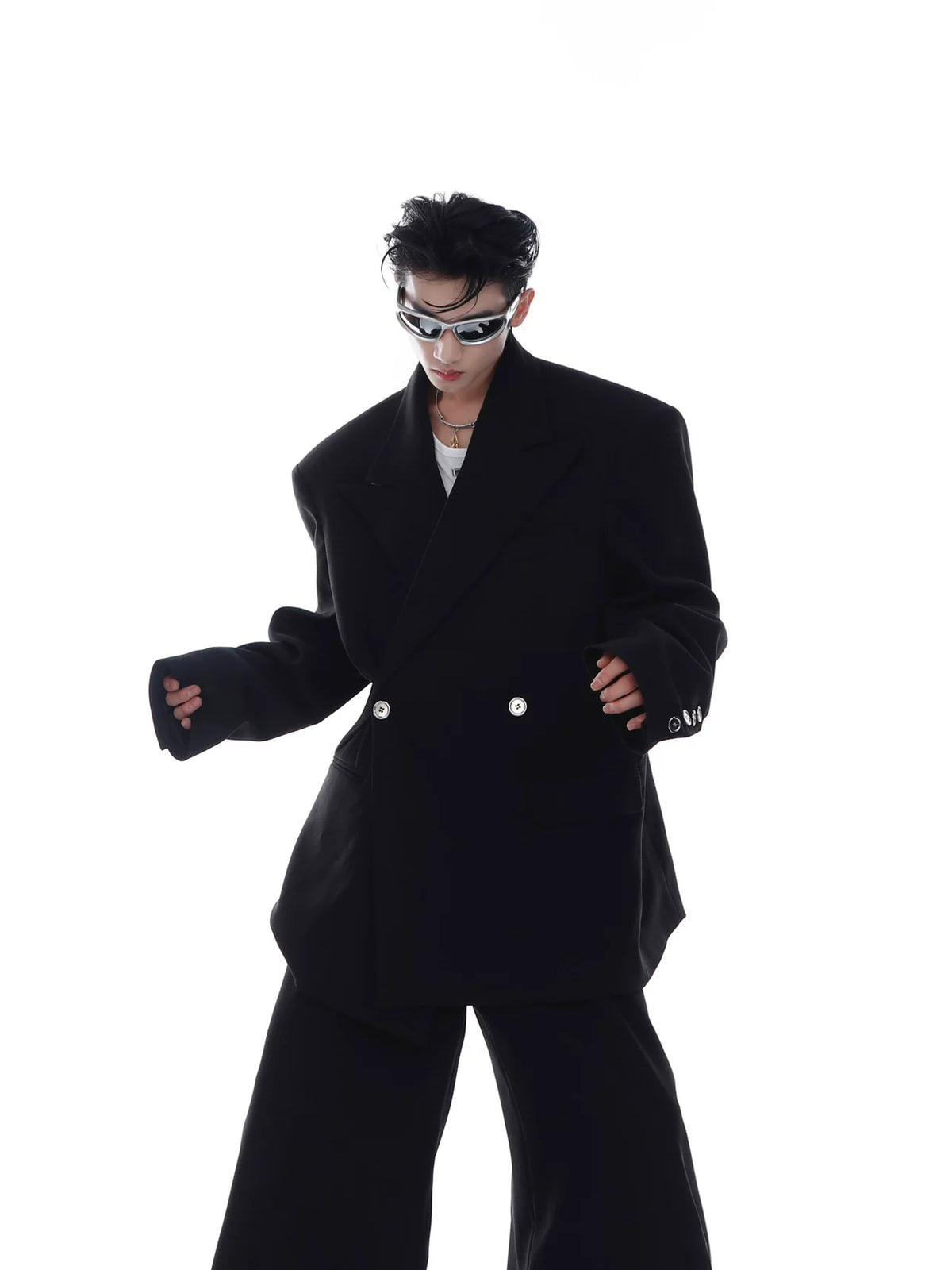 Twill Padded-Shoulder Unisex Blazer in Gray or Black - main image 2