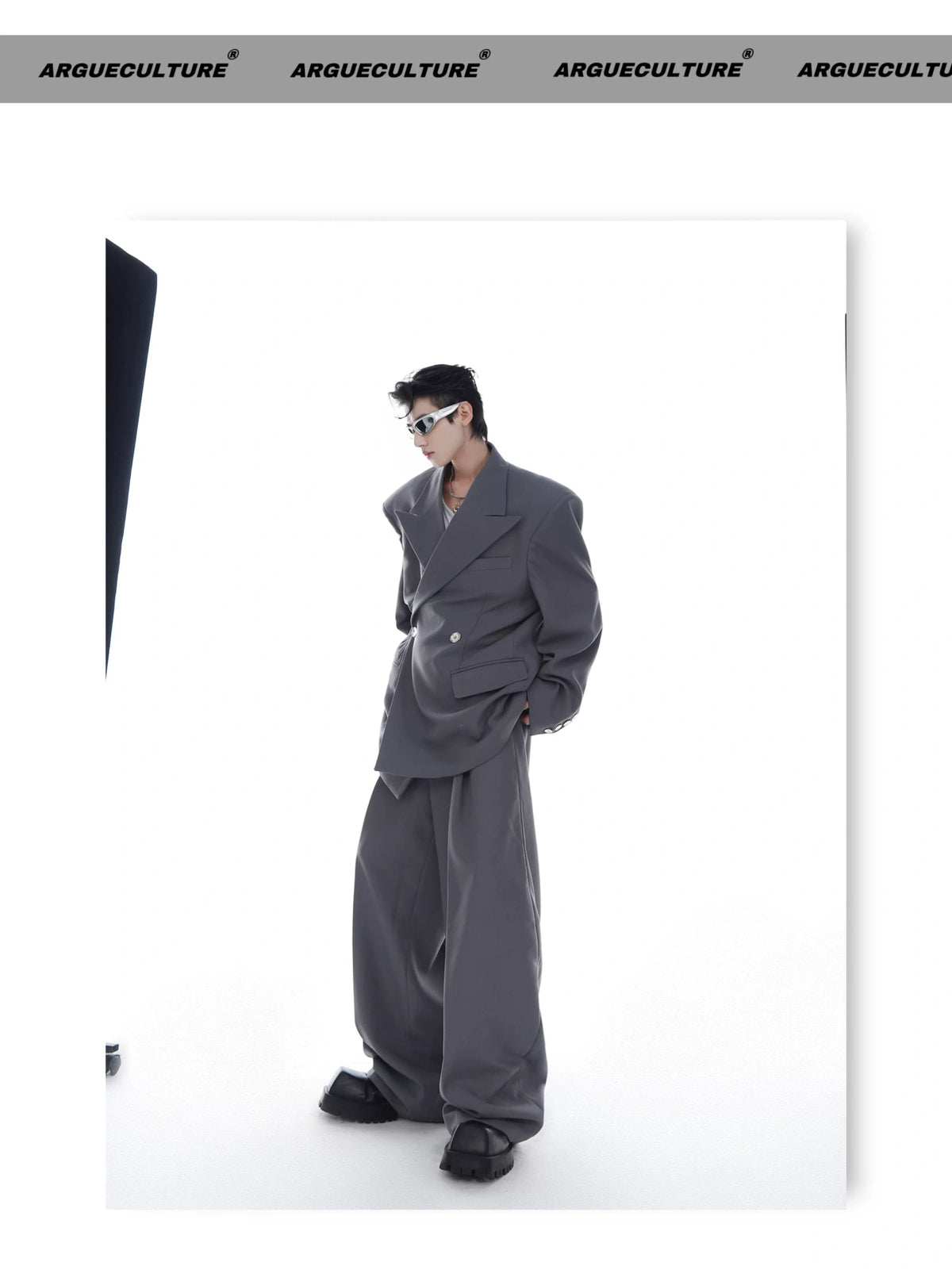 Twill Padded-Shoulder Unisex Blazer in Gray or Black - detail image 14