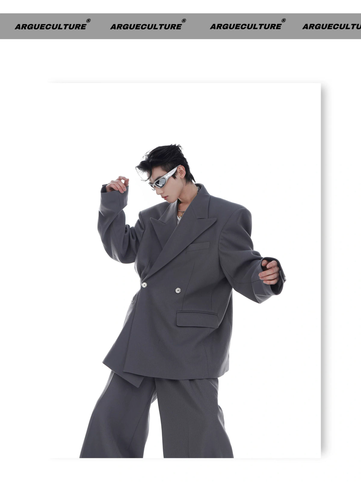 Twill Padded-Shoulder Unisex Blazer in Gray or Black - detail image 7