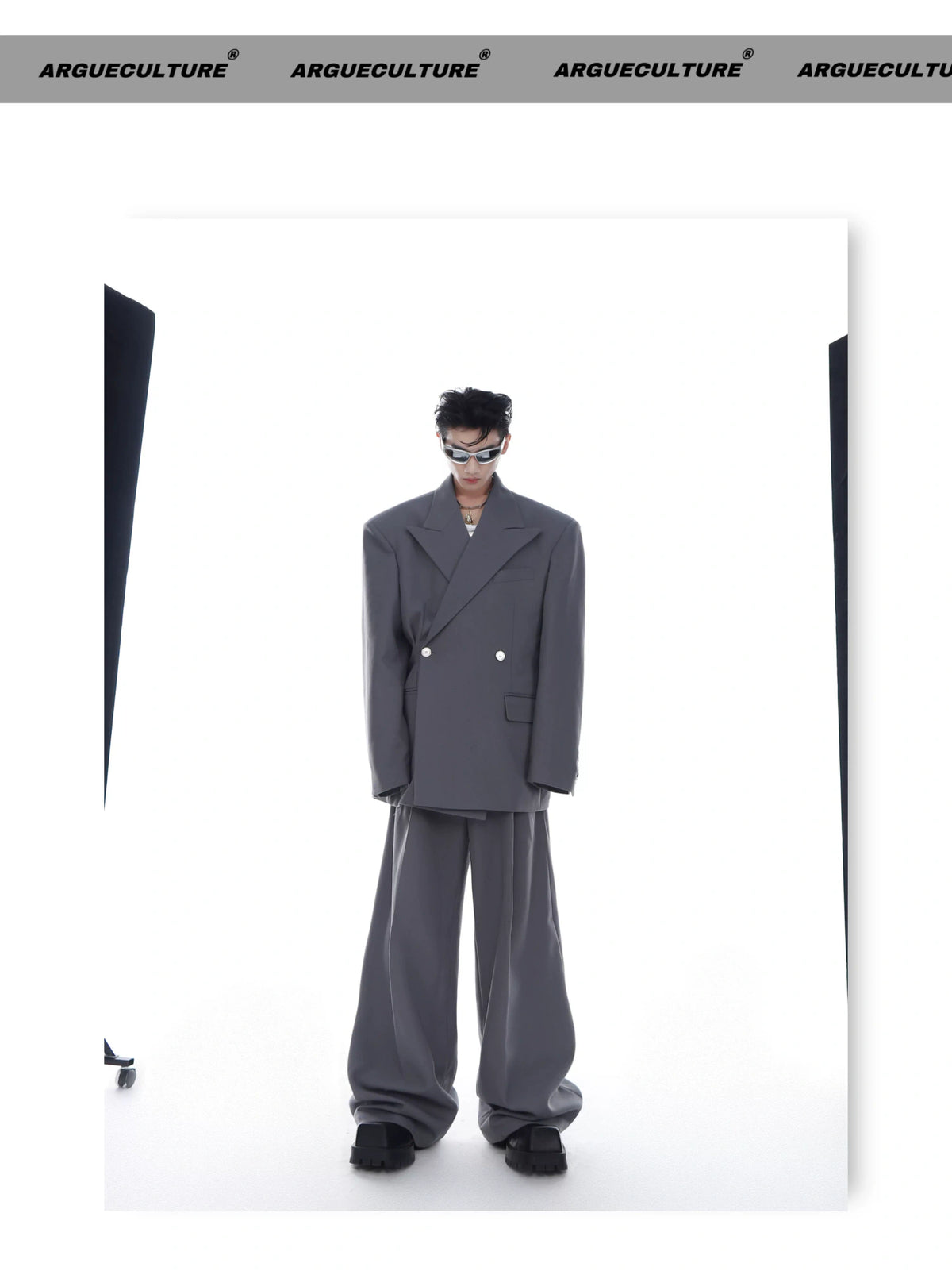 Twill Padded-Shoulder Unisex Blazer in Gray or Black - detail image 13