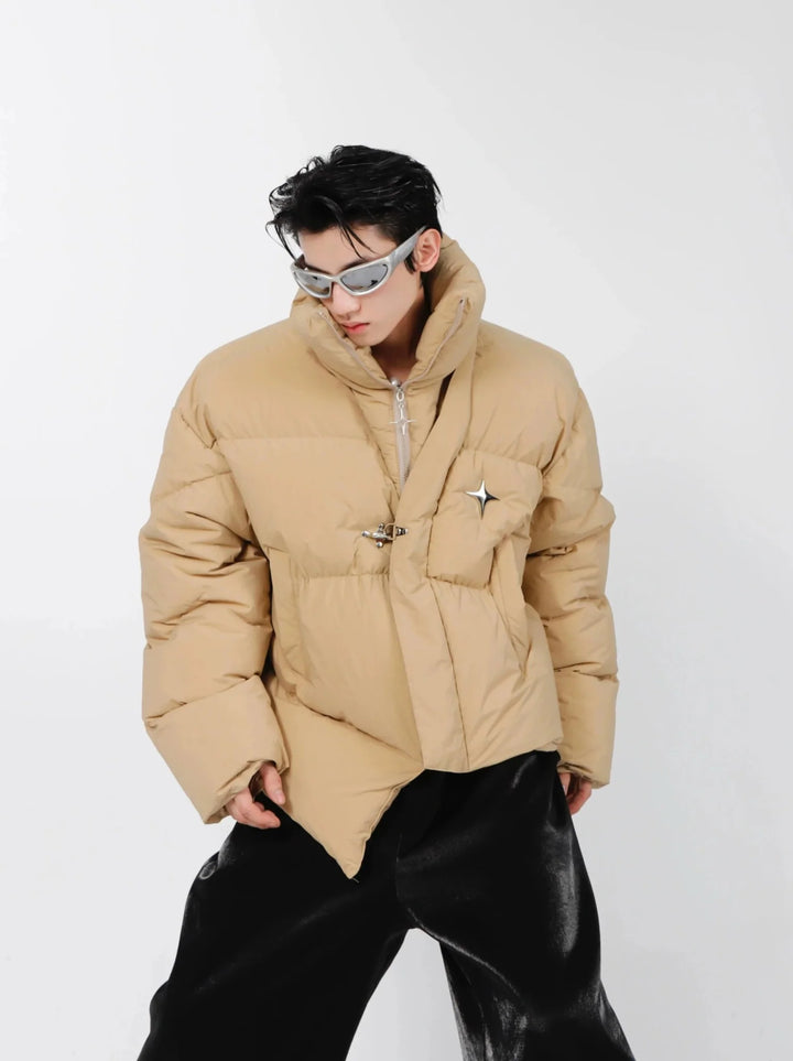 Unique Asymmetrical Puffer Jacket | Metallic Accents Premium Short Coat - ArguE CulturE