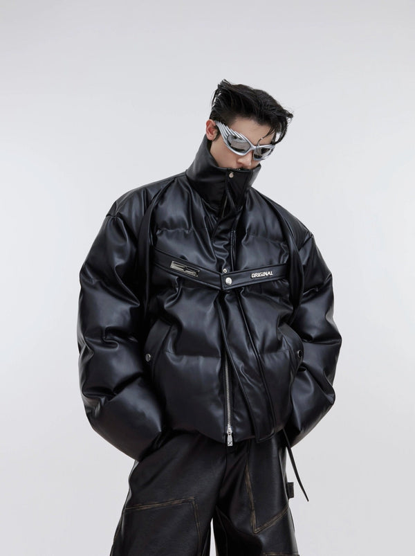 Unique Deconstructed Short Faux Leather Puffer Jacket | Metallic Tie Design - ArguE CulturE