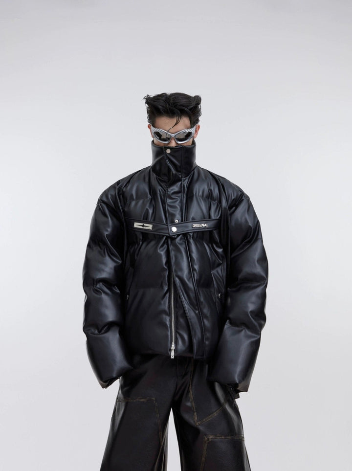 Unique Deconstructed Short Faux Leather Puffer Jacket | Metallic Tie Design - ArguE CulturE