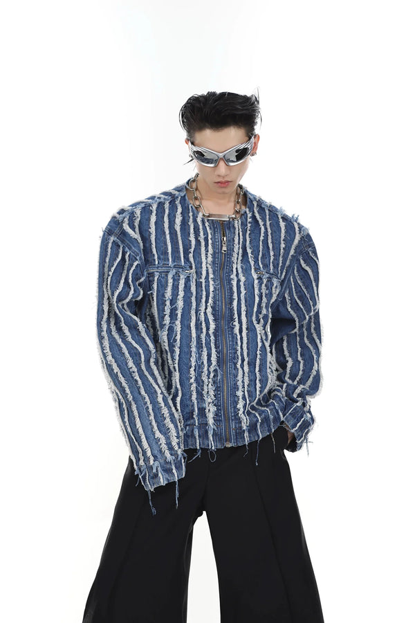 Unique Heavyweight Striped Fringe Denim Jacket | Collarless Washed Top - ArguE CulturE