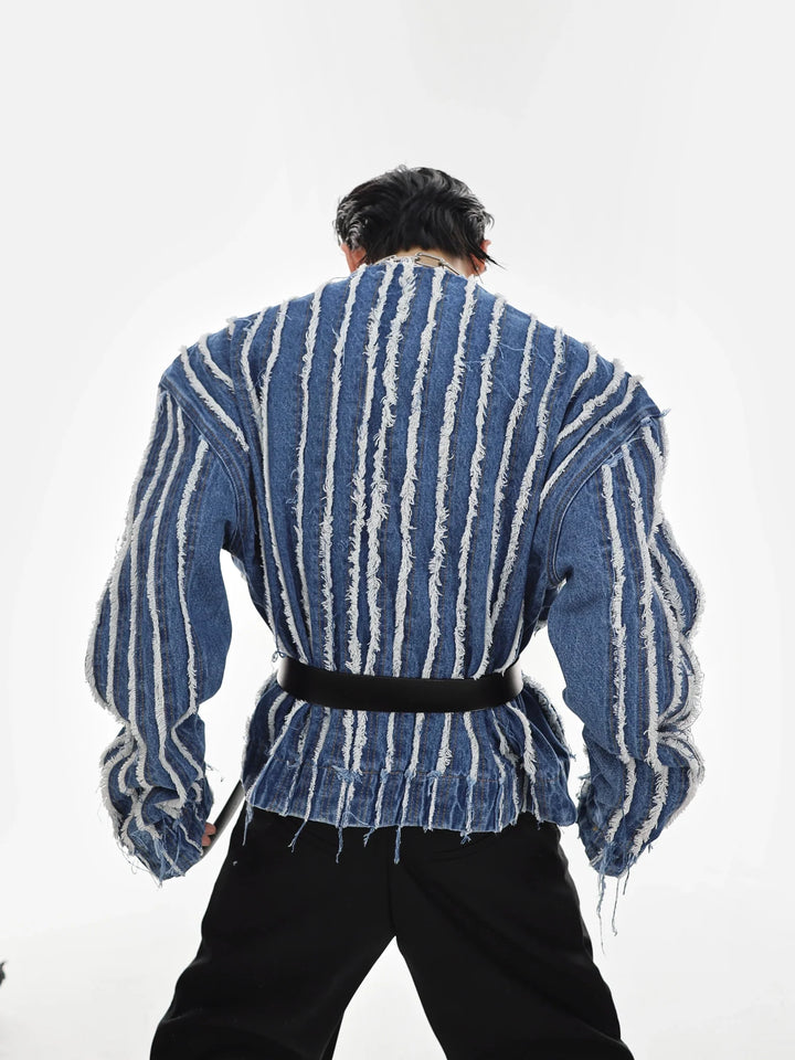 Unique Heavyweight Striped Fringe Denim Jacket | Collarless Washed Top - ArguE CulturE