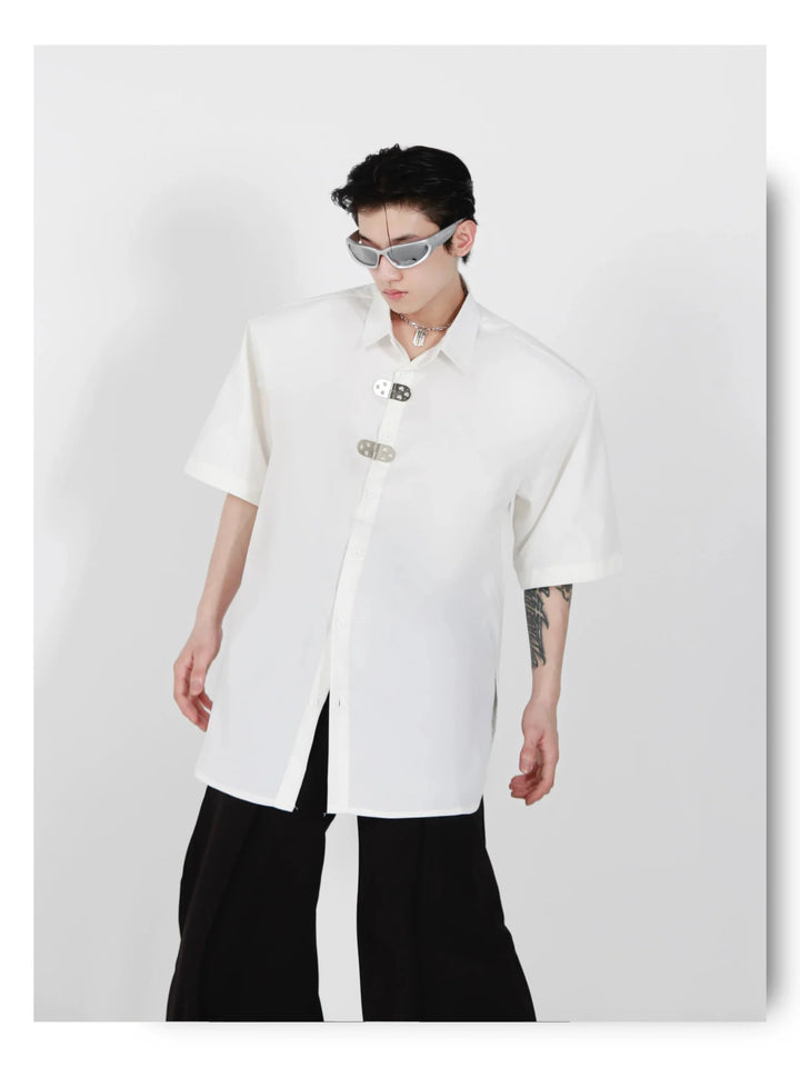 Unique Loose Short - Sleeve Shirt with Metallic Buckle and Shoulder Pads - ArguE CulturE