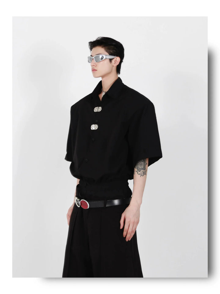 Unique Loose Short - Sleeve Shirt with Metallic Buckle and Shoulder Pads - ArguE CulturE