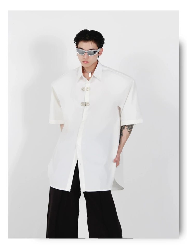 Unique Loose Short - Sleeve Shirt with Metallic Buckle and Shoulder Pads - ArguE CulturE