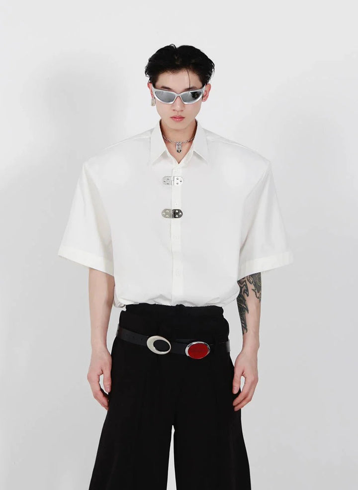 Unique Loose Short - Sleeve Shirt with Metallic Buckle and Shoulder Pads - ArguE CulturE