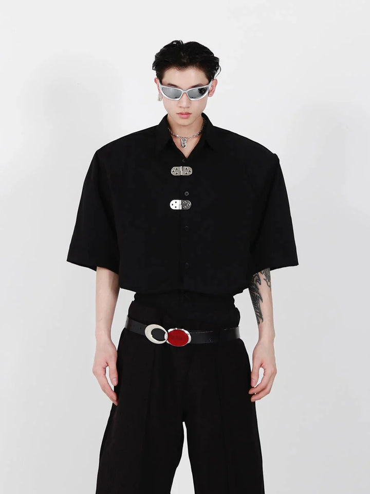 Unique Loose Short - Sleeve Shirt with Metallic Buckle and Shoulder Pads - ArguE CulturE