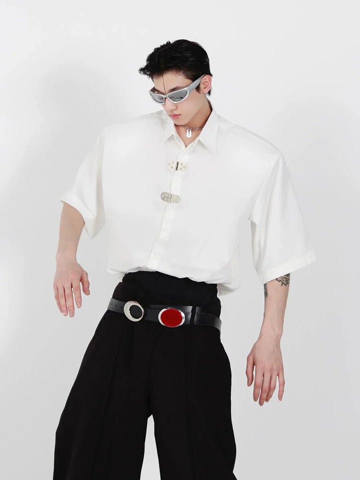 Unique Loose Short - Sleeve Shirt with Metallic Buckle and Shoulder Pads - ArguE CulturE