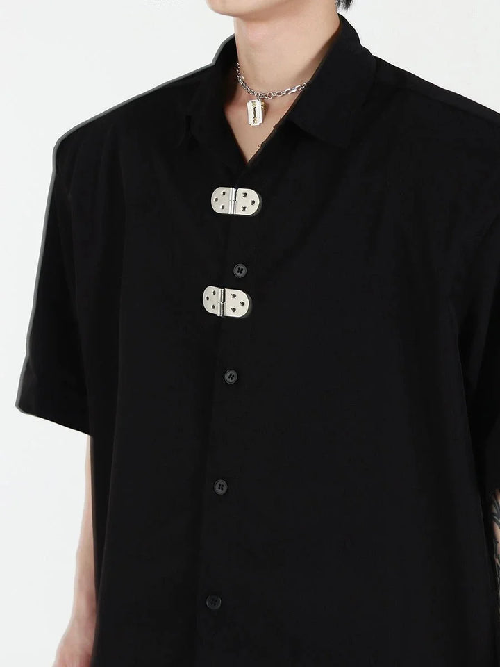 Unique Loose Short - Sleeve Shirt with Metallic Buckle and Shoulder Pads - ArguE CulturE