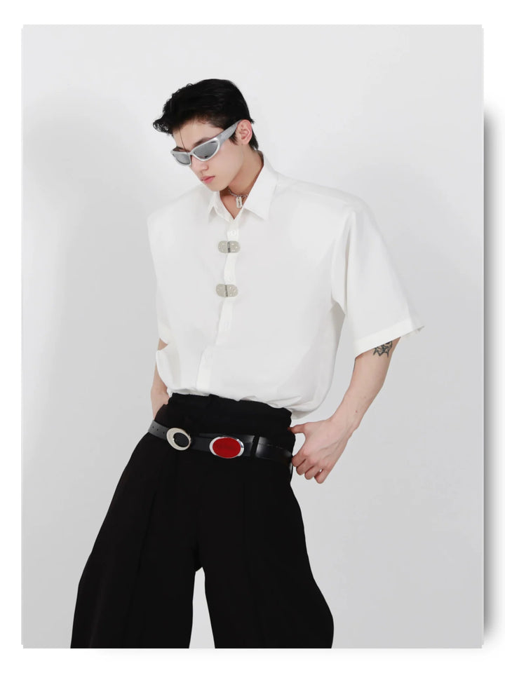 Unique Loose Short - Sleeve Shirt with Metallic Buckle and Shoulder Pads - ArguE CulturE