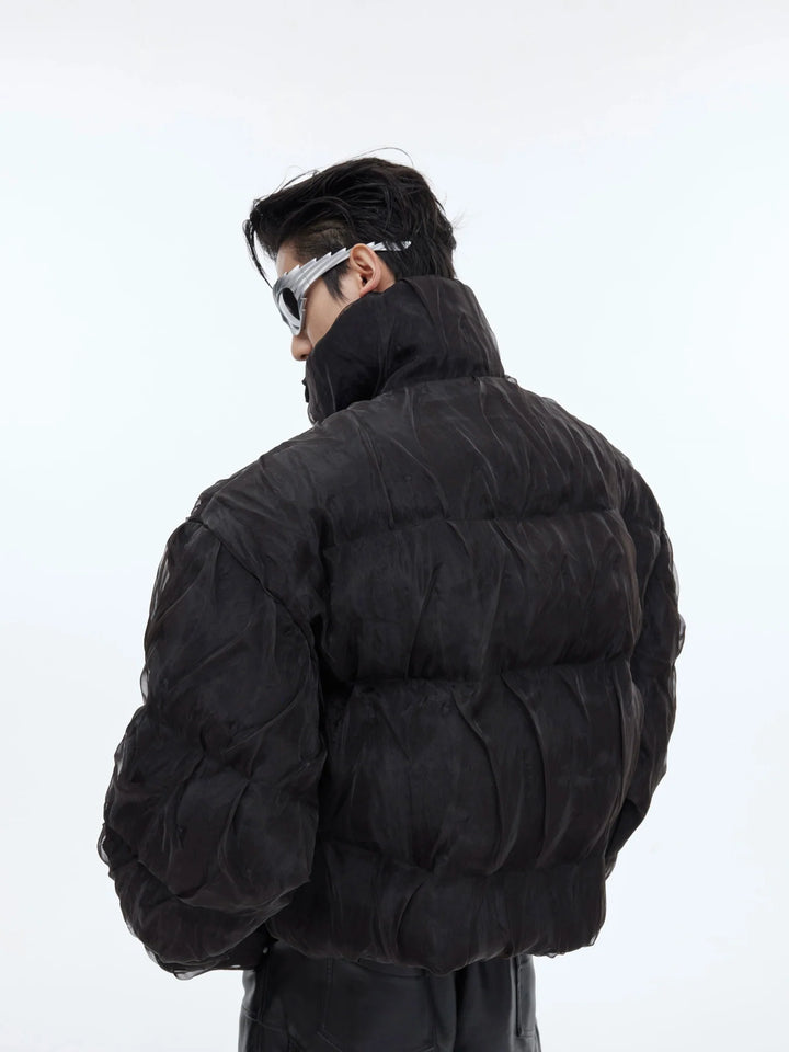 Unique Pleated Texture Puffer Jacket with Metallic Shine | Stand Collar Men's Jacket - ArguE CulturE