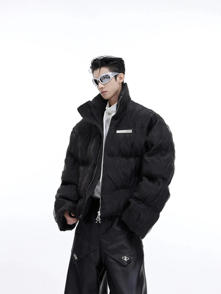 Unique Pleated Texture Puffer Jacket with Metallic Shine | Stand Collar Men's Jacket - ArguE CulturE