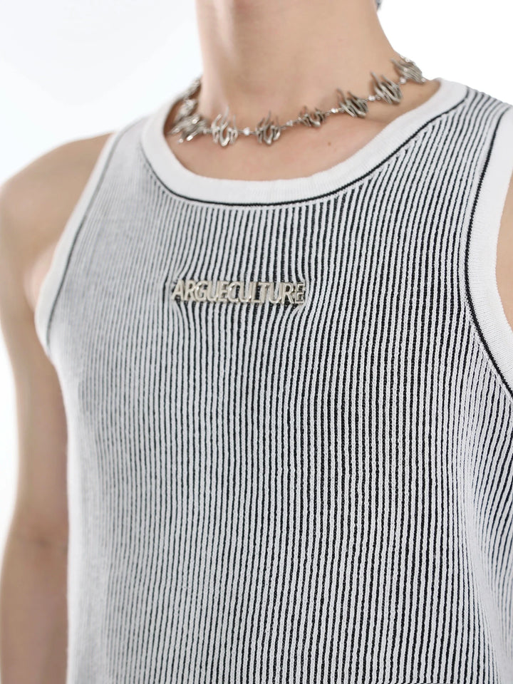 Unique Slim - Fit Knit Tank Top with Metallic Logo & Textured Stripes - ArguE CulturE