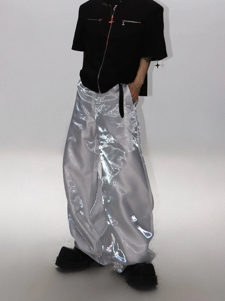 Unisex Avant - Garde Metallic Sheen Wide - Leg Trousers with High Waist - ArguE CulturE