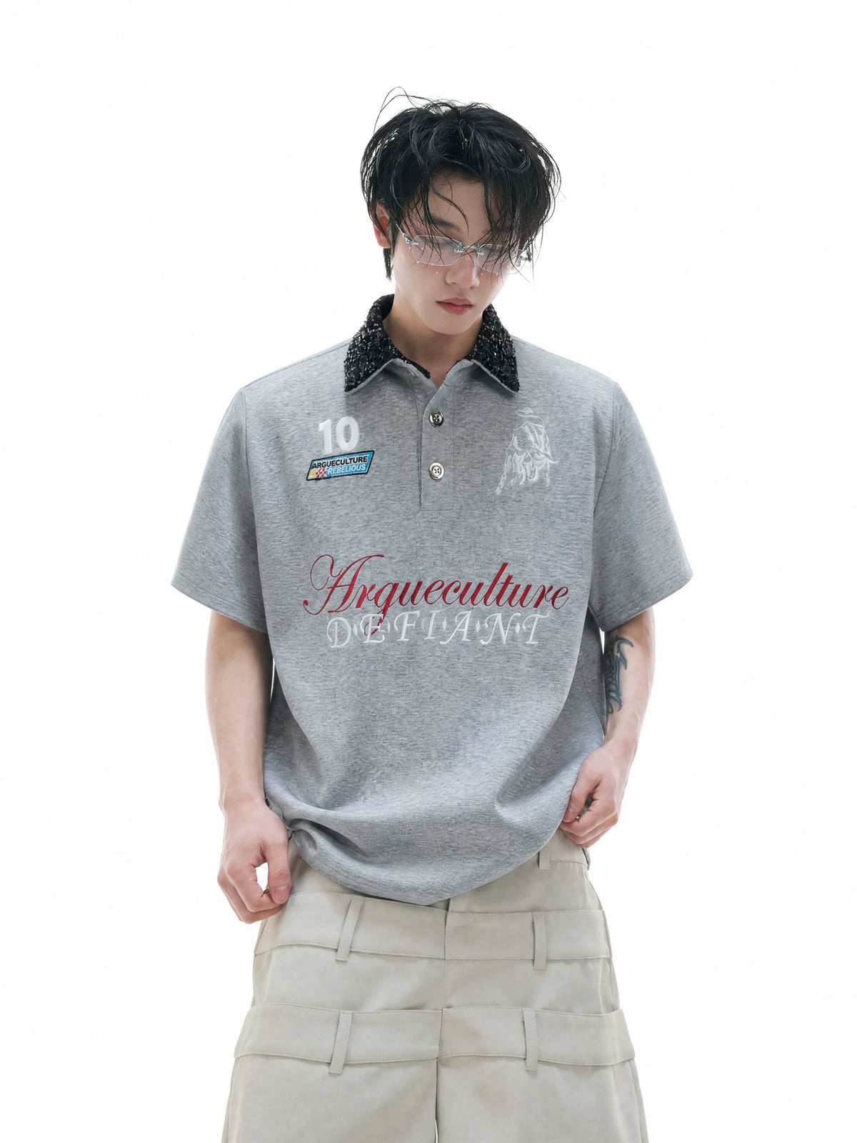 Unisex Contrast Sequin Collar Embroidered Polo Shirt - main image 3