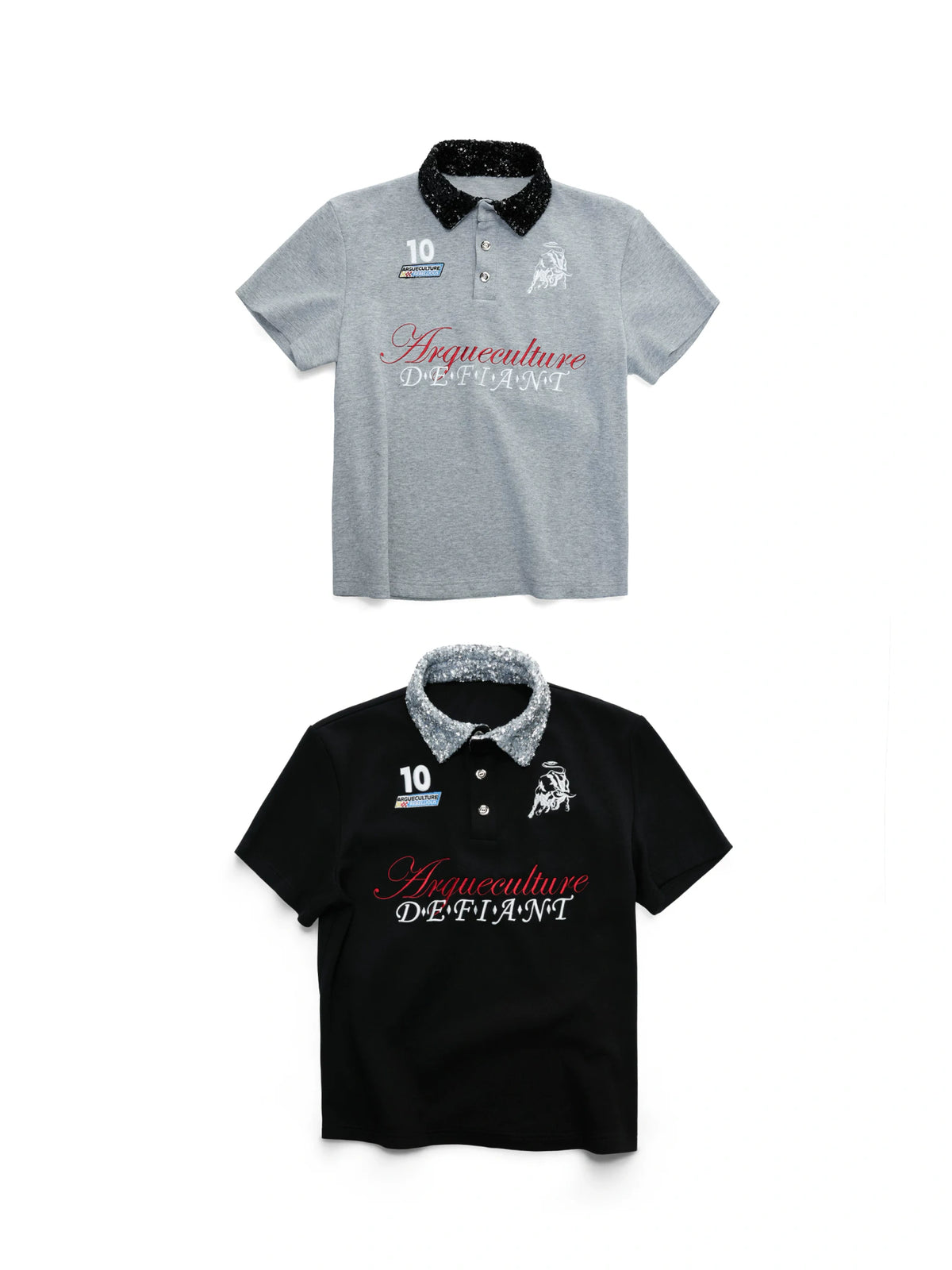 Unisex Contrast Sequin Collar Embroidered Polo Shirt - main image 1