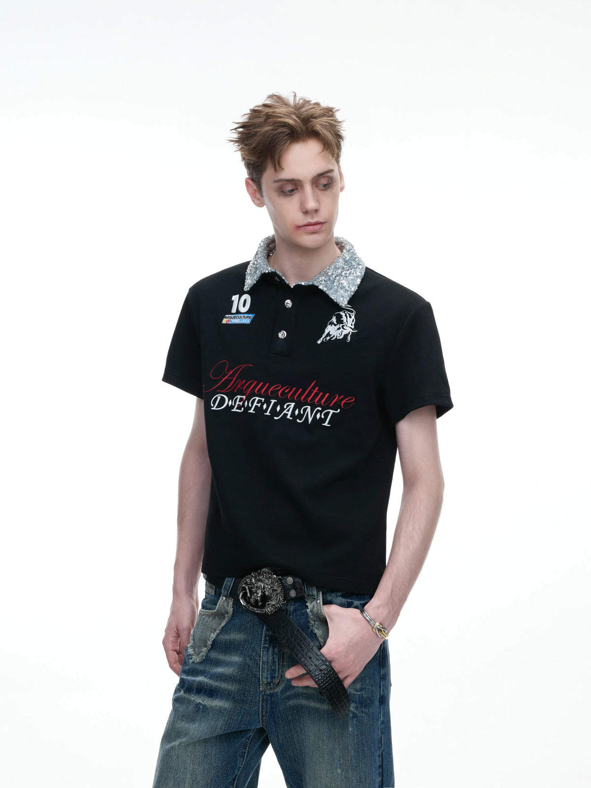 Unisex Contrast Sequin Collar Embroidered Polo Shirt - main image 2