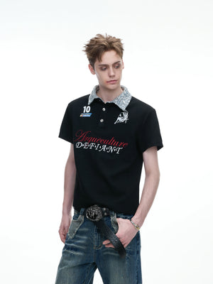 Unisex Contrast Sequin Collar Embroidered Polo Shirt - main image 2