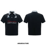 Unisex Contrast Sequin Collar Embroidered Polo Shirt - Contrast Sequin Black