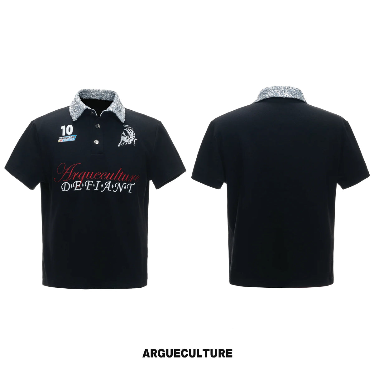 Unisex Contrast Sequin Collar Embroidered Polo Shirt - Contrast Sequin Black