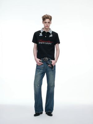 Unisex Contrast Sequin Collar Embroidered Polo Shirt - main image 4