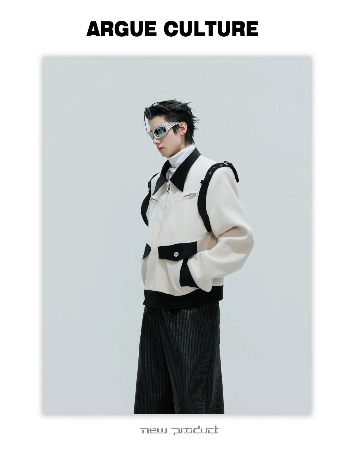 Unisex Cropped Velvet Color-Block Jacket | Black & White - detail image 8
