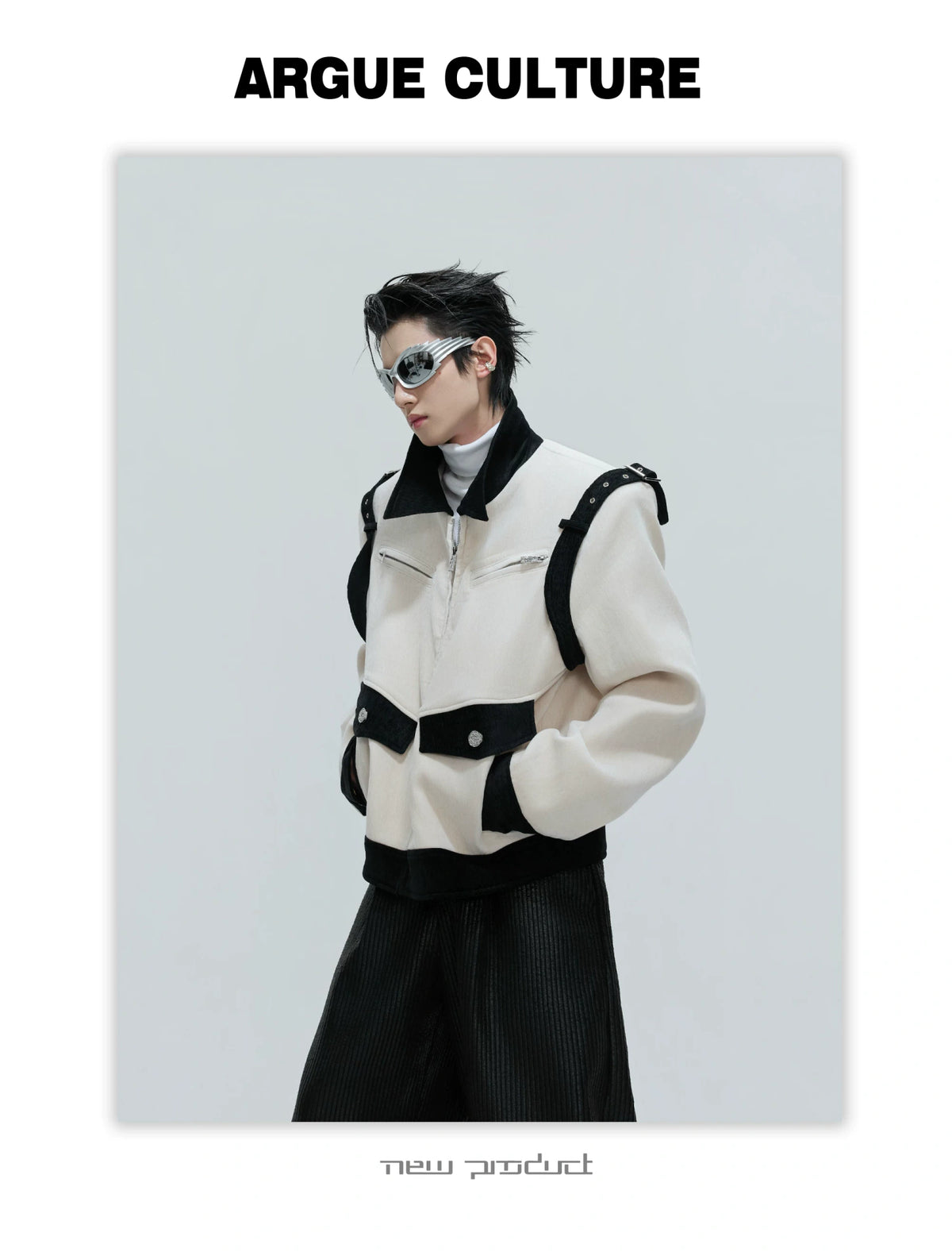 Unisex Cropped Velvet Color-Block Jacket | Black & White - detail image 11