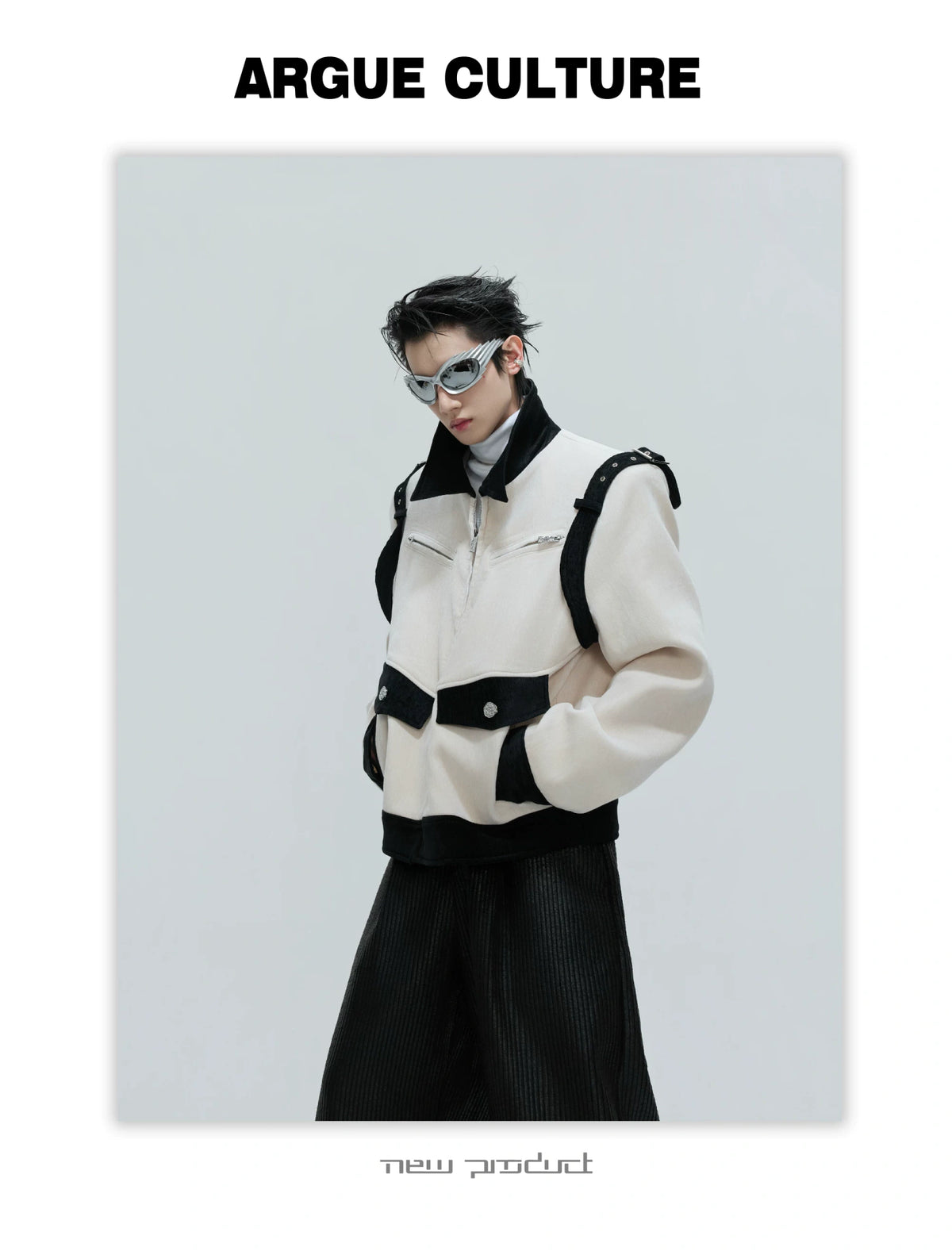 Unisex Cropped Velvet Color-Block Jacket | Black & White - detail image 13