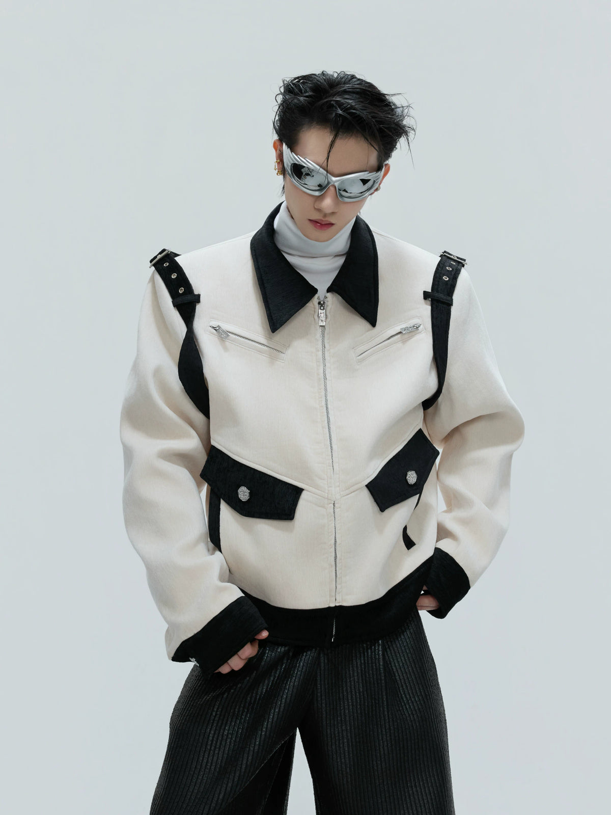 Unisex Cropped Velvet Color-Block Jacket | Black & White - main image 2
