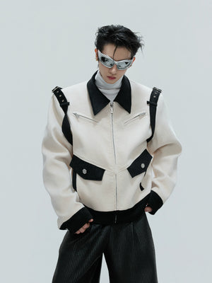 Unisex Cropped Velvet Color-Block Jacket | Black & White - main image 2