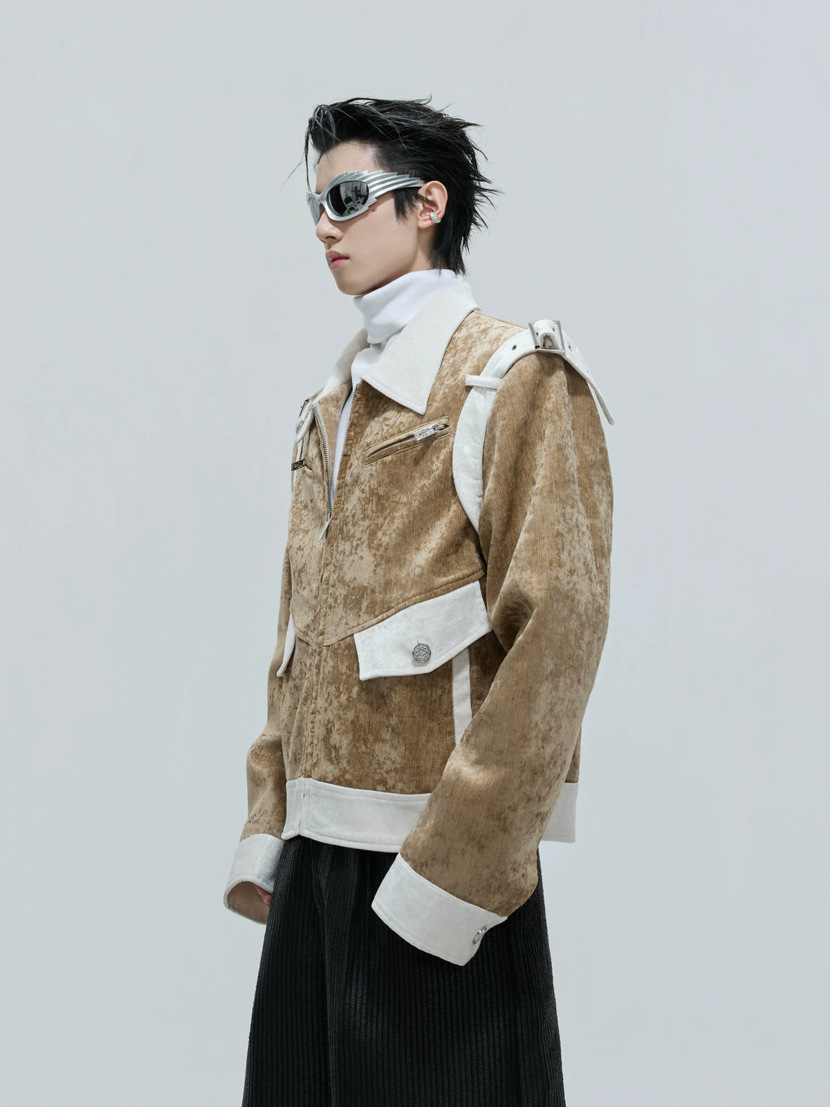 Unisex Cropped Velvet Color-Block Jacket | Black & White - main image 3