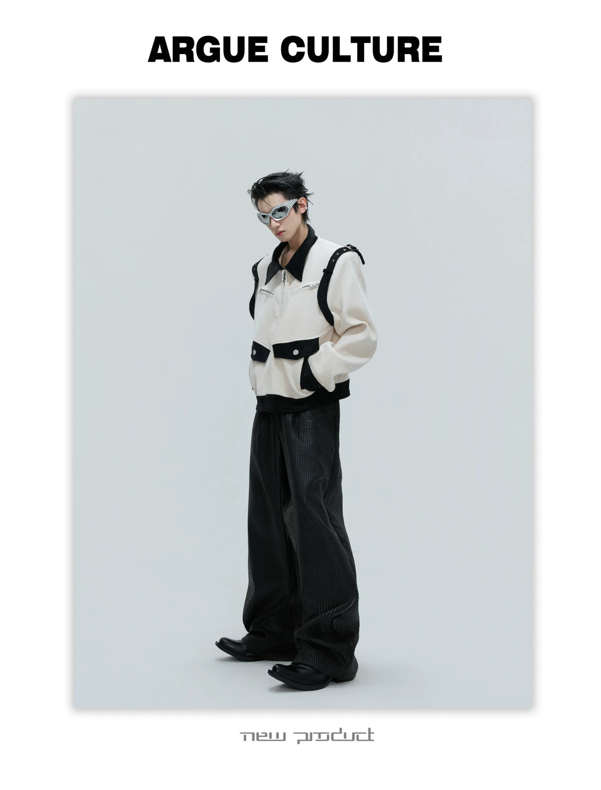 Unisex Cropped Velvet Color-Block Jacket | Black & White - detail image 14